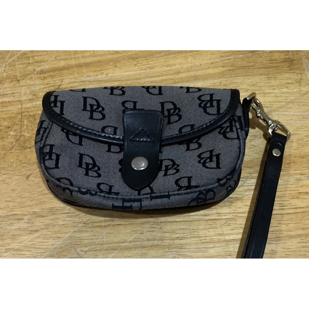 Dooney & Bourke Logo Navy Blue Wristlet Canvas‎ with Leather Trim 6x3.5